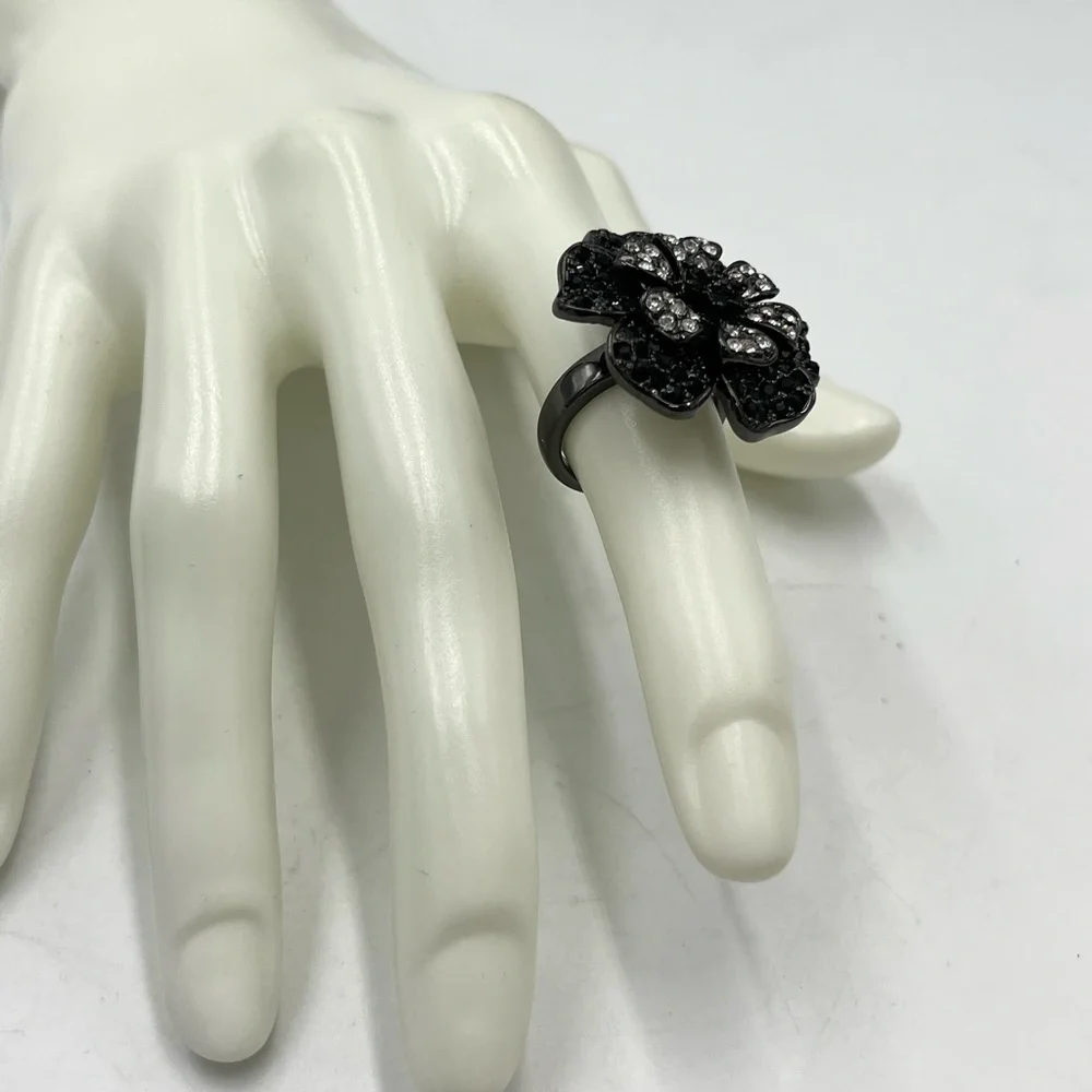 Rare Joan‎ Rivers Gunmetal Finish Belle Fleur Black & Clear Crystal Ring 6 New